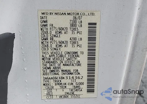 2008 Nissan Titan Le z USA, uszkodzony, nr VIN 1N6AA06C48N314362